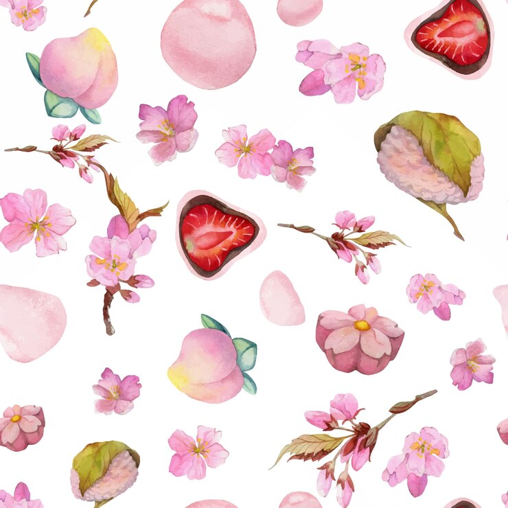 Vetor aquarela sem costura padrão com doces japoneses tradicionais desenhados à mão wagashi mochi flor de sakura isolado no fundo branco convites restaurante menu cartões de saudação impressão têxtil