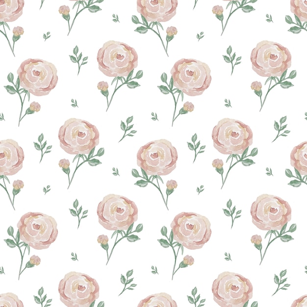Aquarela sem costura padrão com rosas pequenas e folhas verdes ilustração sobre fundo branco