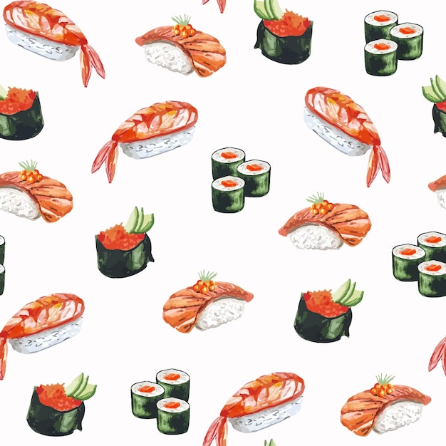 Aquarela sem costura padrão de comida asiática estética de sushi para decoração, têxtil, menu