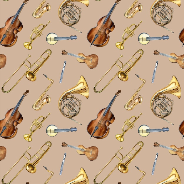 Aquarela sem costura padrão de instrumentos musicais isolada em bege