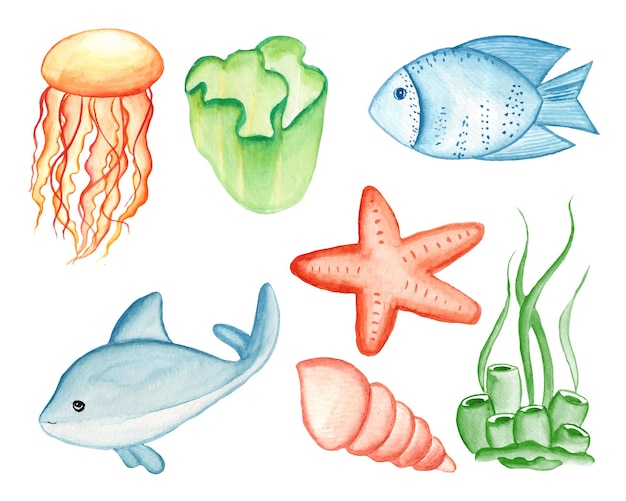 Aquarela sob o conjunto de clipart do mar