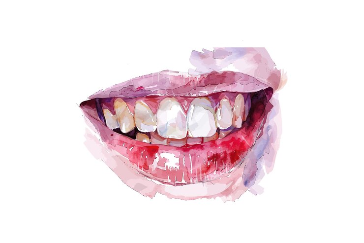 Vetor aquarela sorriso com lábios vermelhos desenho de ilustração vetorial