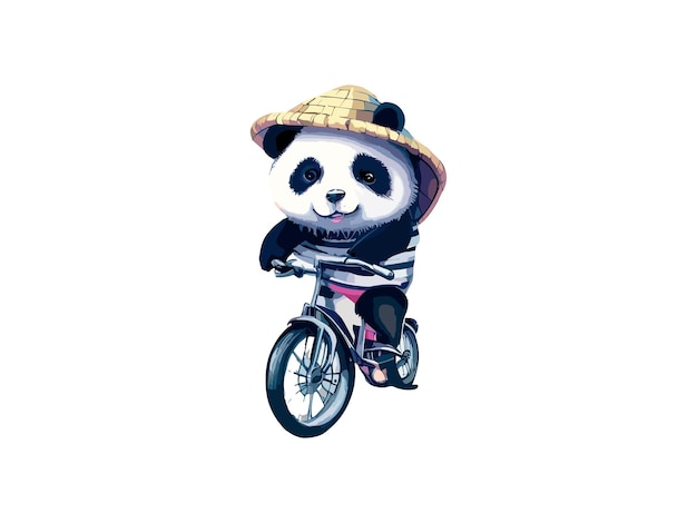 Aquarela urso panda andando de bicicleta na estrada do campo