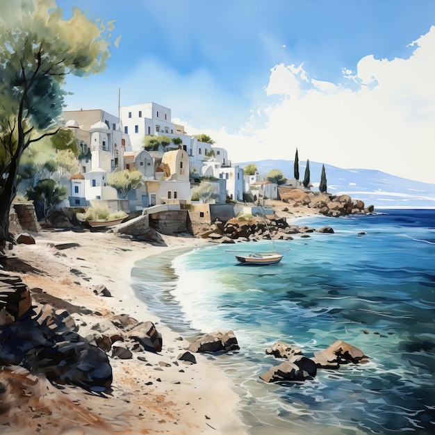 Aquarela vector santorini praia de areia preta em white bac