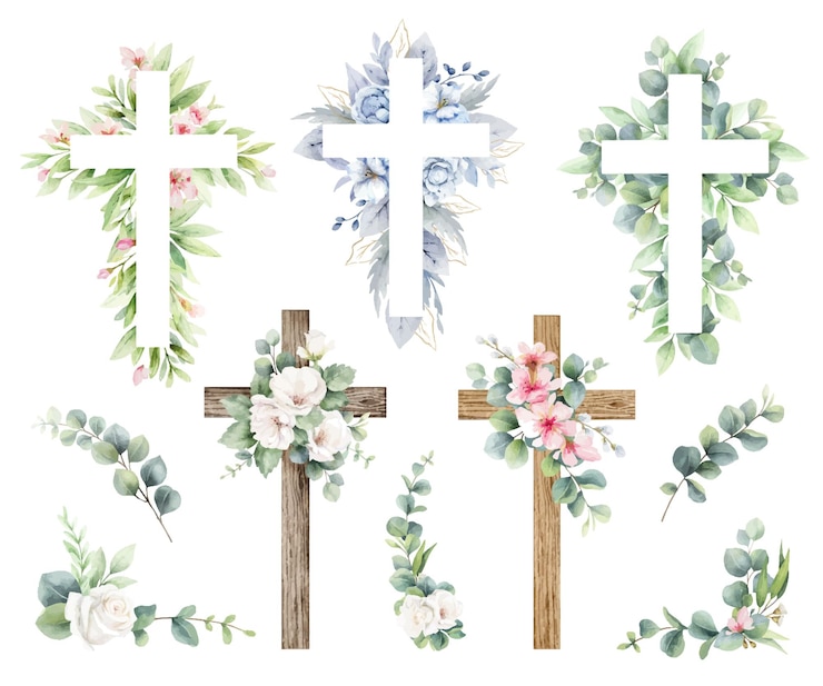 Vetor aquarela vetor cruzes religiosas com galhos de eucalipto flores e folhas