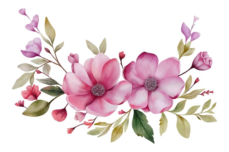 Vetor aquarela vetorial composição floral com flores rosas e folhagem verde impressão botânica