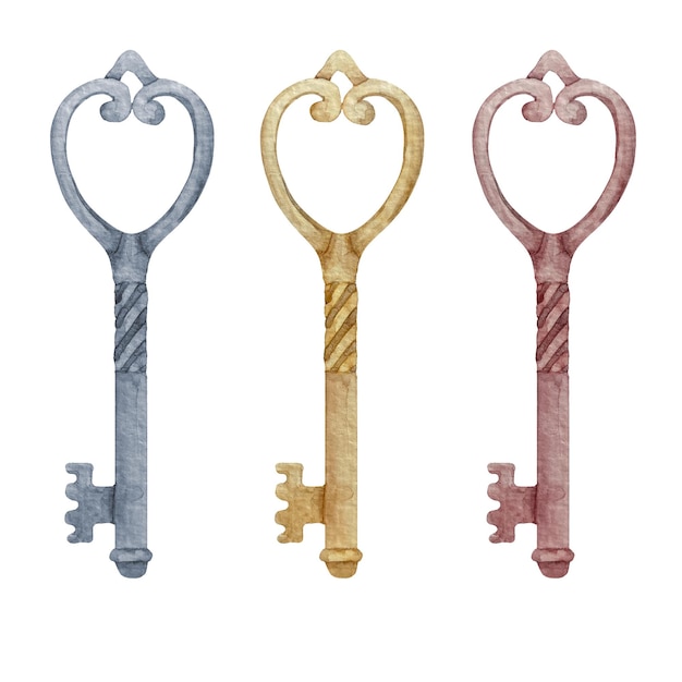 Aquarela vintage ouro bronze e chaves de prata