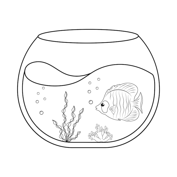 Vetor aquário com livro de colorir de peixes desenho de contorno infantil de um animal de estimação aquático