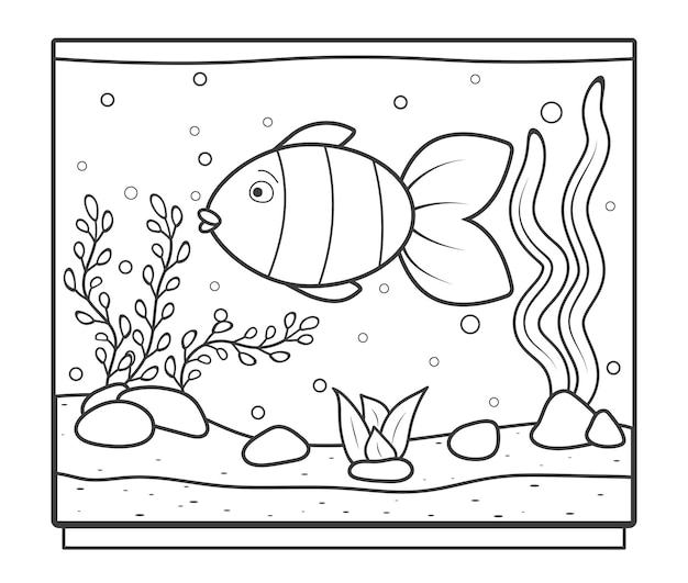 Aquário retangular com um peixe para colorir. página para colorir para crianças