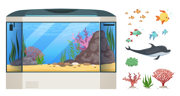 Vetor aquarium cartoon algas marinhas ou plantas aquáticas cubo de vidro vazio para animais marinhos conjunto de vetores subaquáticos