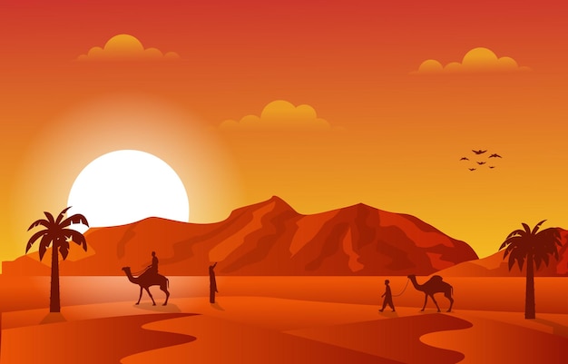 Árabe deserto camelo caravana cultura islâmica pôr-do-sol ilustração