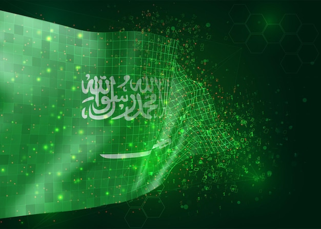 Vetor arábia saudita, no vetor bandeira 3d sobre fundo verde com polígonos e números de dados