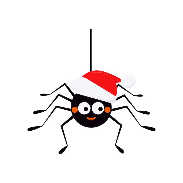 Aranha de natal em chapéu de papai noel pendurado em uma corda de ícone de teias de aranha isolado em fundo branco personagem animal bonito em chapéu de papai noel para design de festa de natal ilustração vetorial de desenhos animados planos