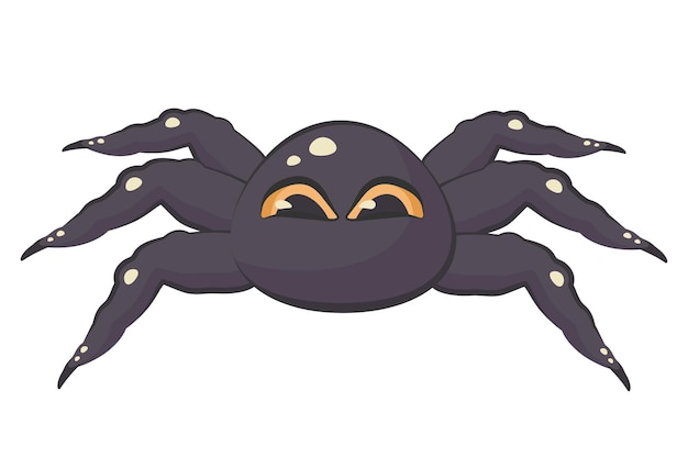 Vetor aranha preta desenhada à mão dos desenhos animados isolada. closeup de tarântula de doodle bonito. inseto exótico assustador com olhos amarelos. ilustração plana vetorial para halloween, impressão, publicidade de insetos, aprendizagem de aracnídeos