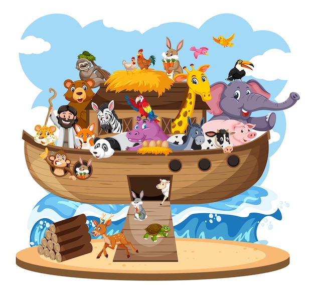 Arca de noé com animais isolados no fundo branco