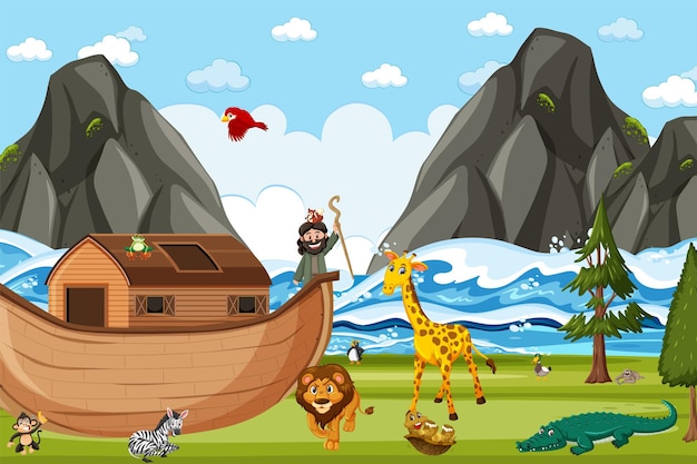 Arca de noé com animais selvagens na cena da natureza