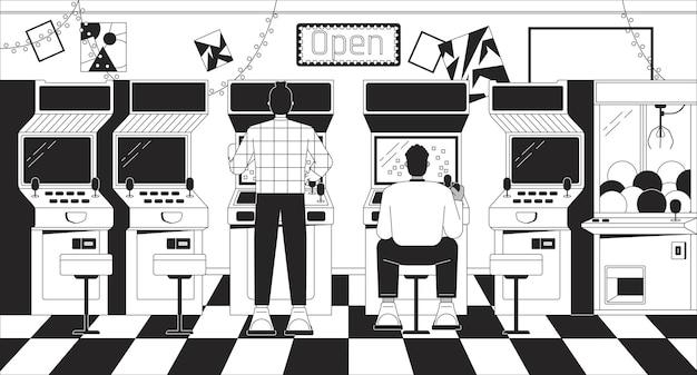 Arcade videogame preto e branco lo fi papel de parede estético máquinas da velha escola contorno 2d vetor desenhos animados objetos ilustração monocromático lofi fundo bw 90s retro álbum arte chill vibes