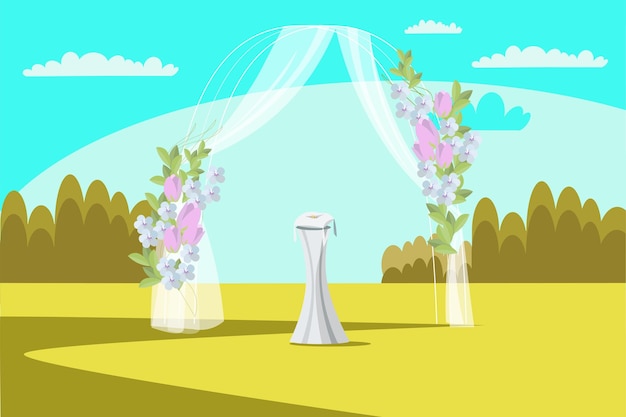 Vetor arco de casamento ao ar livre celebração cerimônia decoração buquê de flores folhas cortinas anéis drapeados travesseiro portão de entrada nupcial