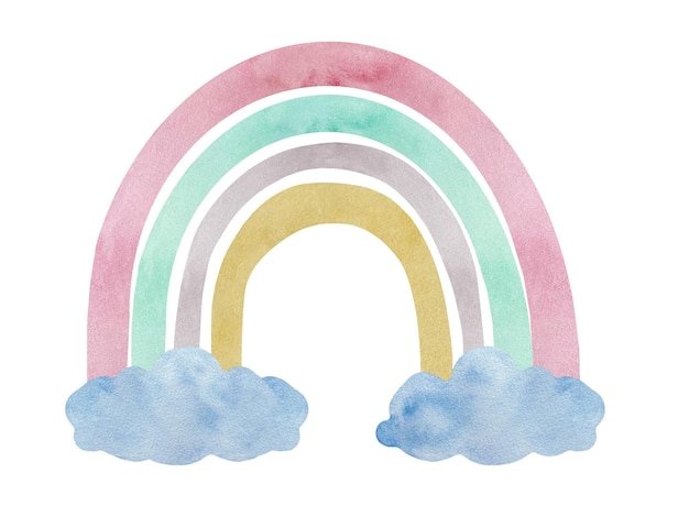 Vetor arco-íris de berçário boho aquarela em cores neutras com nuvens