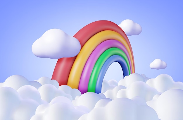 Arco-íris de desenho animado 3D com fundo de nuvens Renderizar arco-íris mínimo em elemento de arte em nuvem Brinquedo infantil de plástico Realista Decoração para crianças Ilustração em vetor
