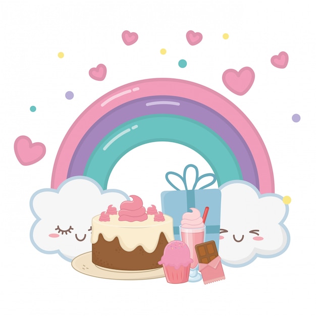 Vetor arco-íris de kawaii e feliz aniversario