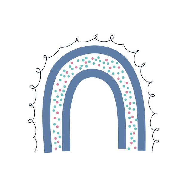 Arco-íris escandinavo azul com pontos isolados em estilo moderno desenhado à mão. arco-íris nórdico para crianças. projeto de ilustração vetorial.