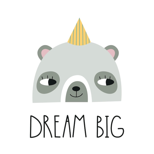 Arco-íris fofo com cara de panda e letras dream big. arte de berçário. ilustração vetorial