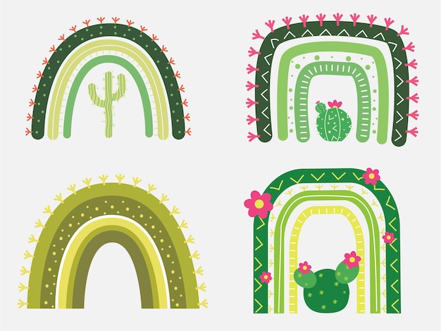 Arco-íris verde de cacto com ilustrador vetorial de design de flores