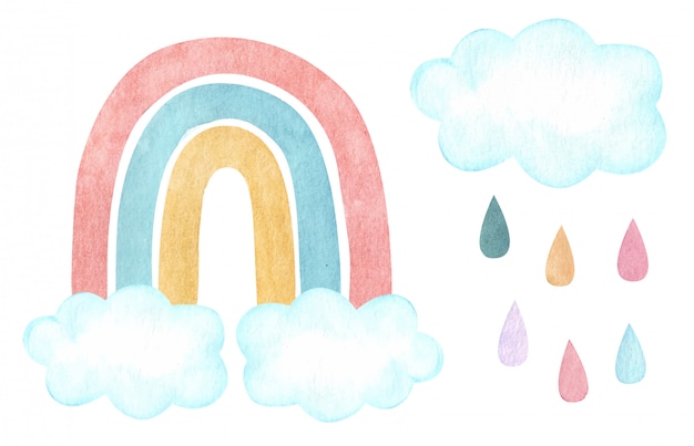 Vetor arco-íris vetor aquarela com nuvens e chuva. berçário, ilustração de chuveiro de bebê.