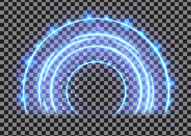 Arco mágico azul efeito de luz mágica abstrato linhas de arco de néon luminosas com luzes voadoras
