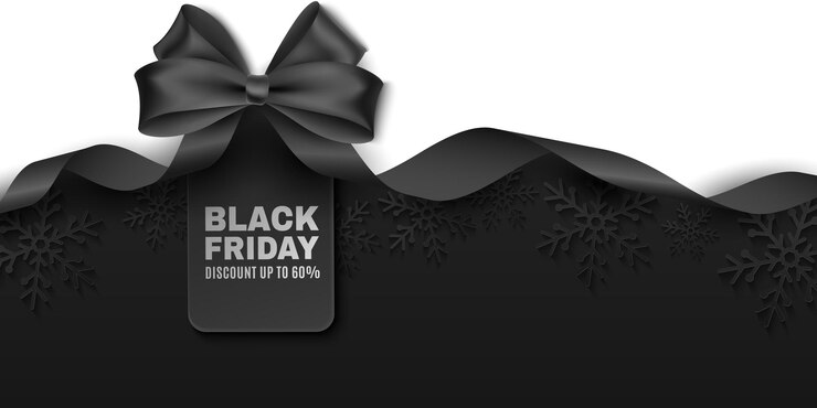 Vetor arco preto e fita com etiqueta para venda na black friday. rótulo de vetor para anunciar suas promoções de negócios. evento de desconto comercial. flocos de neve de papel em um fundo escuro. eps 10.