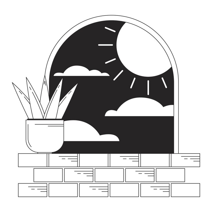 Vetor arco surreal com planta no parapeito da janela bw conceito vetor local ilustração sol à noite desenho animado 2d cena monocromática de linha plana para design de interface do usuário da web surrealismus editável imagem de herói de contorno isolado