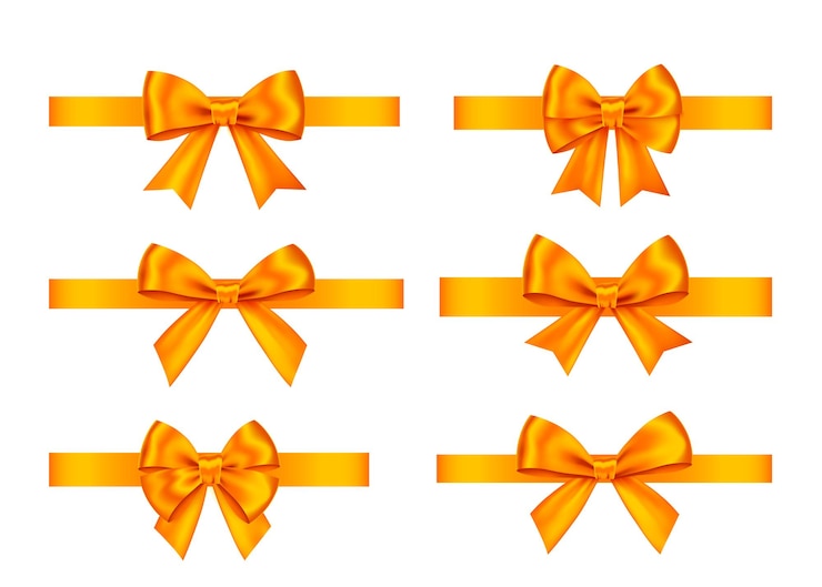 Vetor arcos de presente laranja conjunto isolado no fundo branco. natal, ano novo, decoração de aniversário. elemento de decoração realista de vetor para banner, cartão, cartaz.