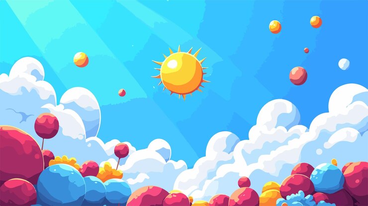 Vetor área de entretenimento de jogo de ângulo amplo sob sol e nuvens