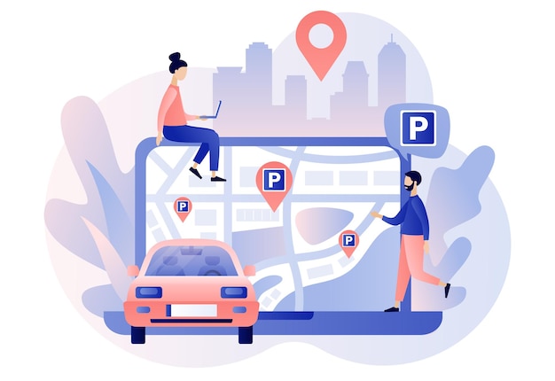 Área de estacionamento no mapa online estacionamento público transporte urbano pessoas minúsculas procurando estacionamento