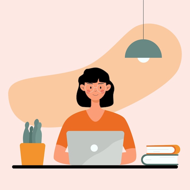 Área de trabalho. Ilustração em vetor estilo simples. Menina sentada em seu laptop em um interior minimalista.