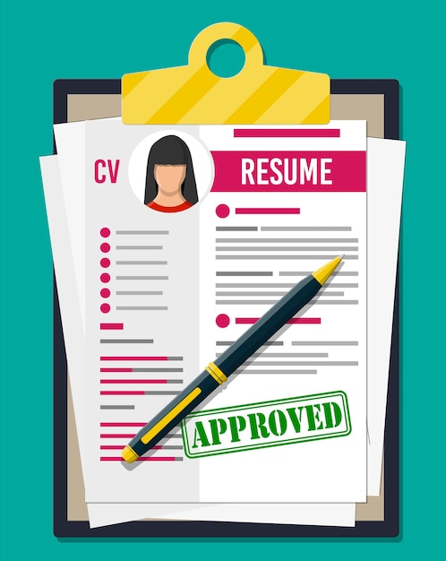 Área de transferência com formulário de emprego e caneta. Currículo de documentos de currículo. Entrevista de emprego. Conceito de gestão de recursos humanos, busca de profissionais, trabalho. Currículo correto encontrado. Ilustração vetorial em estilo simples