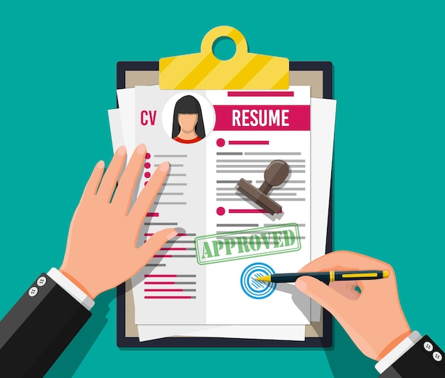 Área de transferência com formulário de emprego e caneta. Currículo de documentos de currículo. Entrevista de emprego. Conceito de gestão de recursos humanos, busca de profissionais, trabalho. Currículo correto encontrado. Ilustração vetorial em estilo simples