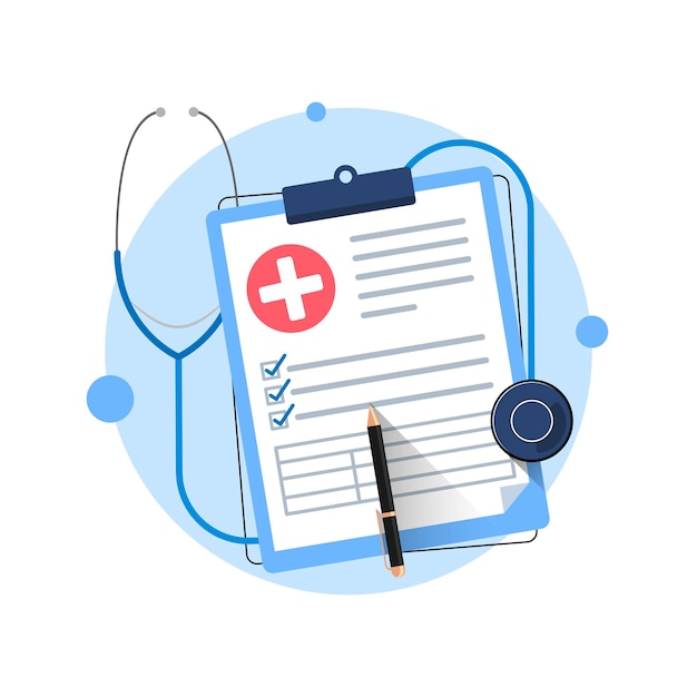 Área de transferência com formulário de verificação médica de estetoscópio relatório ilustração de metáfora de conceito de exame de saúde