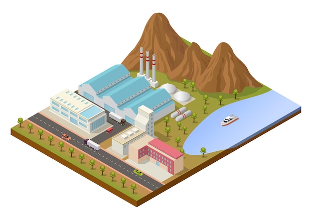 Área industrial isométrica com edifícios e montanhas