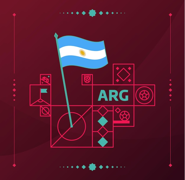 Argentina torneio mundial de futebol 2022 vetor bandeira ondulada fixada em um campo de futebol com elementos de design fase final do torneio de futebol mundial 2022 cores e estilo não oficiais do campeonato