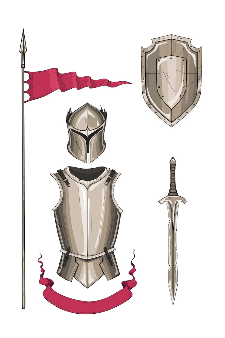 Vetor armadura de cavaleiro medieval com espada e escudo de fita vermelha