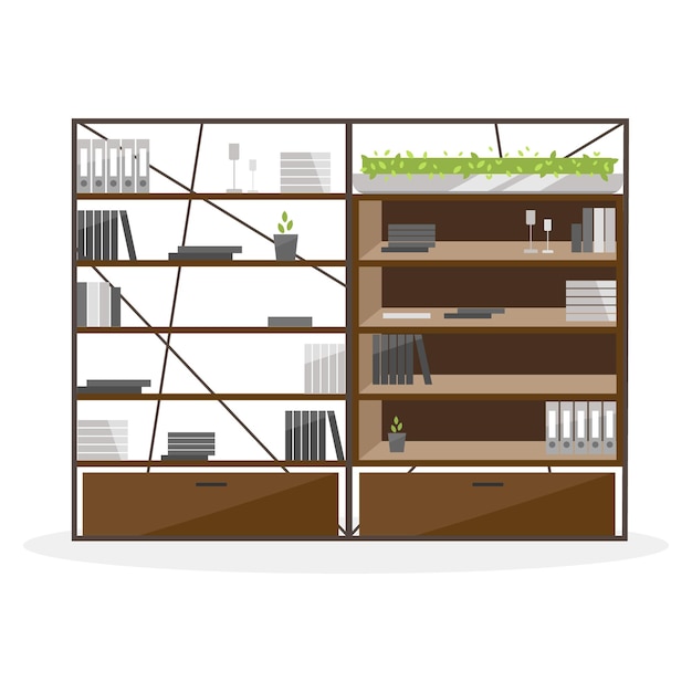 Armário aberto para material de escritório objeto de vetor de cor semi plana Item de tamanho completo em branco Armário de arquivamento Ilustração de estilo de desenho animado simples de escritório em casa para design gráfico e animação na web
