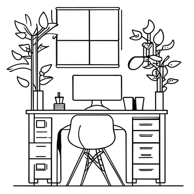 Armário com computador e plantas penduradas, caneta e livros, conceito desenhado à mão, ilustração isolada
