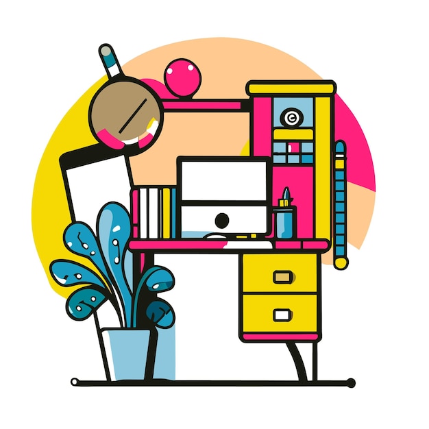 Vetor armário com computador e plantas penduradas, caneta e livros, conceito desenhado à mão, ilustração isolada