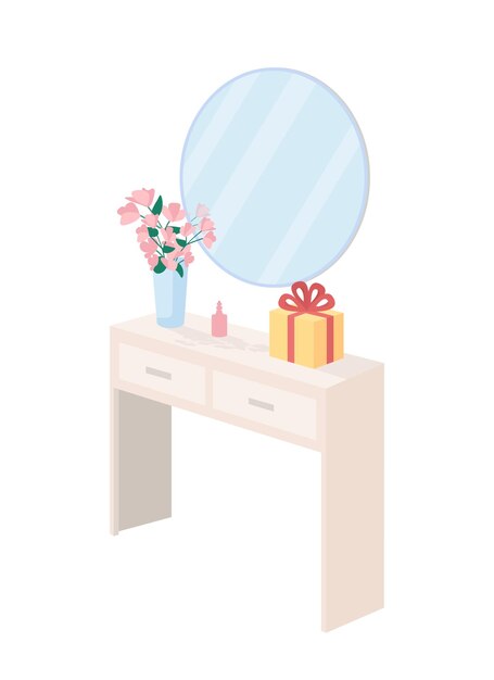 Armário de cômoda com objeto de vetor de cor semi plana de decorações. Item realista em branco. Mobiliário interior isolado ilustração de estilo de desenho animado moderno para design gráfico e animação