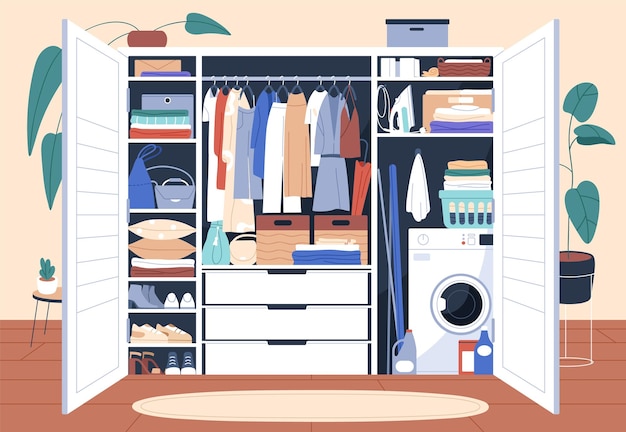 Armário desordenado com armazenamento organizado de roupas penduradas em estantes e dobradas em prateleiras dentro de um armário limpo aberto com pilhas ordenadas de coisas roupas acessórios ilustração vetorial plana