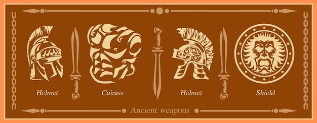 Armas antigas capacete shell escudo espadas chain spears impressão de silhuetas ilustração vetorial