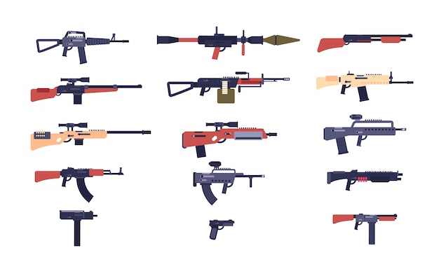 Armas automáticas. armas de jogo de batalha. pistola, espingarda e lançador, rifles. coleção de armas de vetor dos desenhos animados