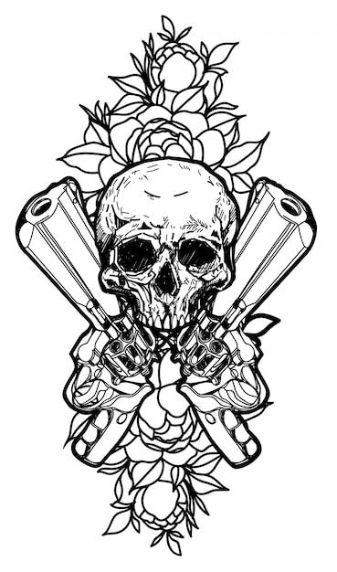 Armas de arte de tatuagem e desenho de mão de caveira isolado